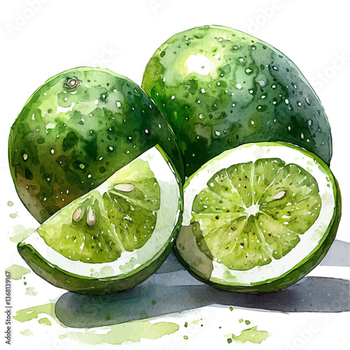 A watercolor of an Australian finger lime, isolated on a white background. Australian finger lime vector.

