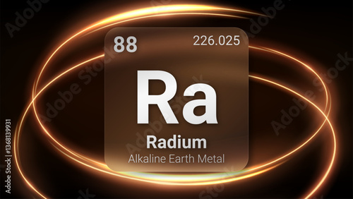 Radium (Ra) (088) Alkaline Earth Metal, Glass Morphism Element Futuristic Neon Light Glow Background Periodic Table, Chemical Symbol, Name, Atomic Mass, Atomic Number, Vector Illustration