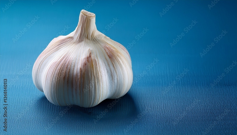 a close up of a garlic bulb on a blue surface a close up of a garlic bulb on a blue surface