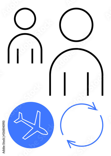 Two user profile outlines, airplane in a blue circle, and circular arrows suggest travel, return, and exchange. Ideal for tourism, travel booking, customer relations, teamwork return policy