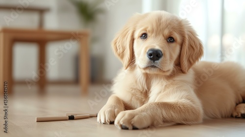 A playful golden retriever puppy lounging on a wooden floor, looking curiously at its surroundings with a calm demeanor. Ideal for capturing the essence of pet companionship.