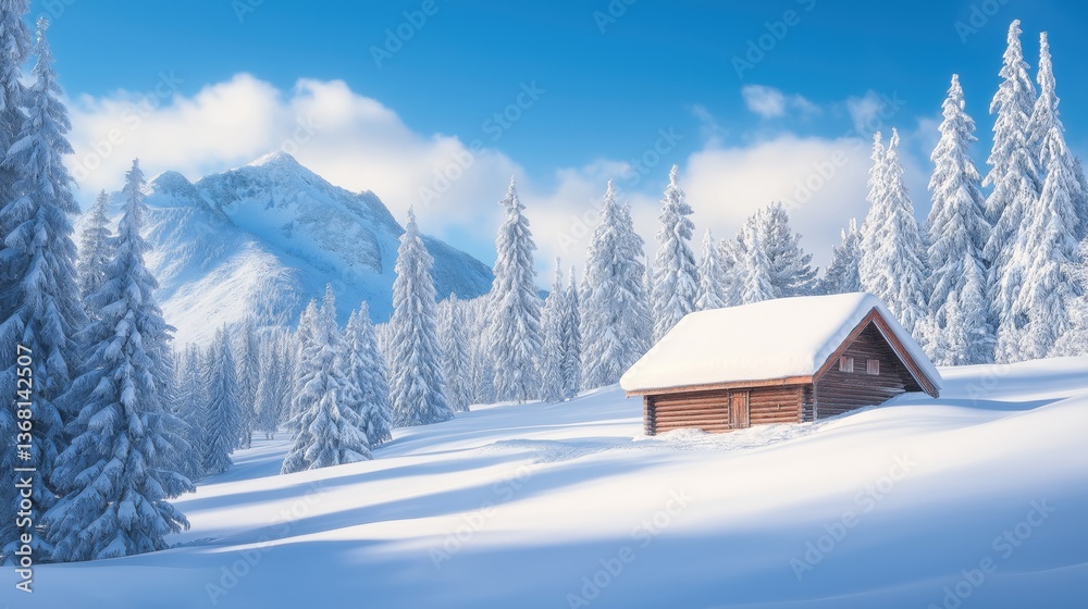 Naklejka premium A snow-covered mountain hut nestled amongst frosted evergreen trees under a vibrant, cerulean blue sky