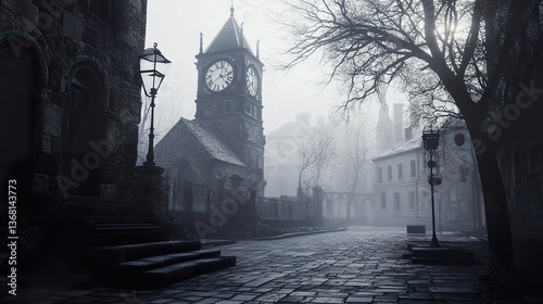 Mysterious foggy cityscape with an old clock tower, a dark historical scene