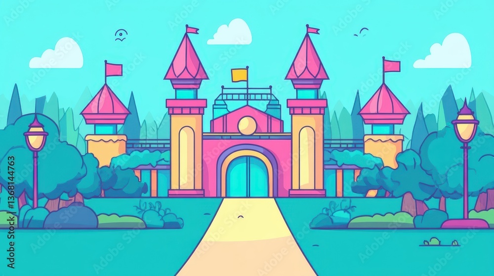 Fototapeta premium Colorful cartoon illustration depicts a whimsical castle with its surroundings