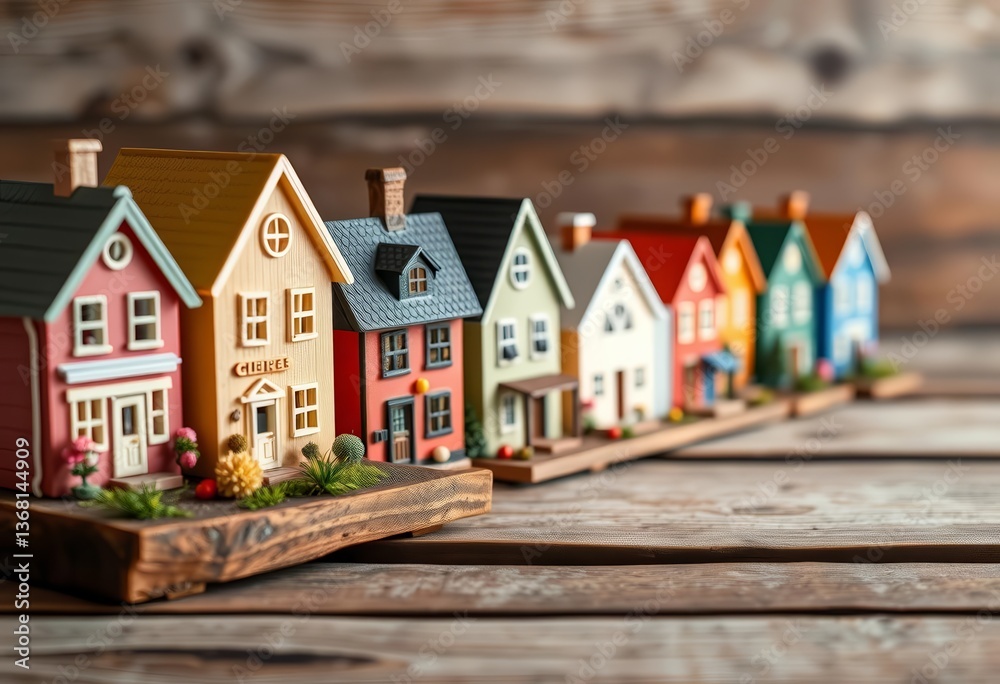 Quaint miniature houses line a rustic wooden table, handcrafted, wood Quaint miniature houses line a rustic wooden table, handcrafted, wood