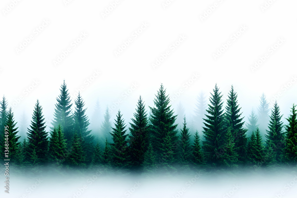 Fototapeta premium Misty evergreen forest landscape, dark green trees emerging from fog against a white background