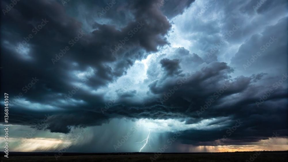 Obraz premium Dark storm clouds with lightning striking over the landscape
