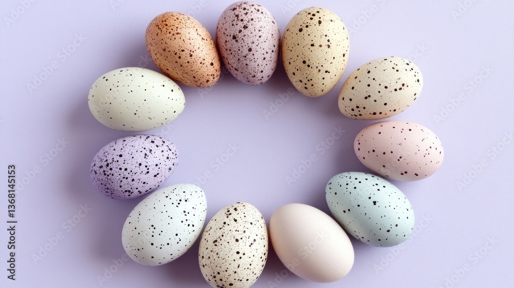 A group of speckled pastel eggs arranged in a circle on a soft lavender backdrop. A group of speckled pastel eggs arranged in a circle on a soft lavender backdrop.
