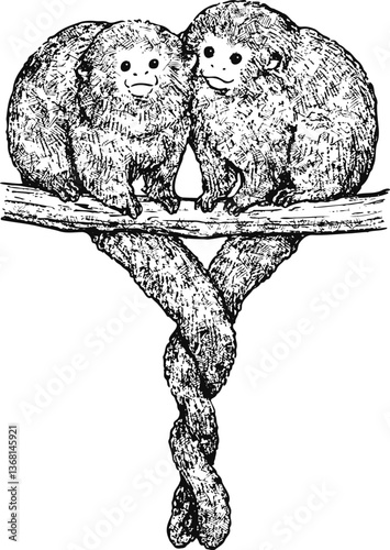 Hand drawn vintage illustration of Bolivian Gray Titi Monkeys on a tree branch