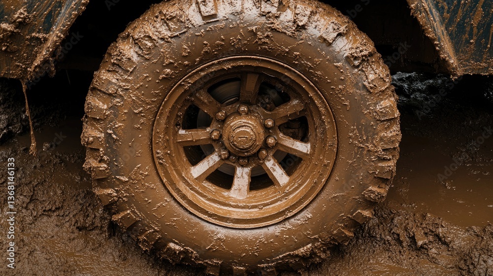 A heavy-duty construction vehicle wheel covered in mud on a rustic brown background. A heavy-duty construction vehicle wheel covered in mud on a rustic brown background.