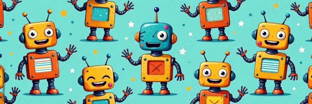 Fototapeta premium Quirky and cheerful robot design in a seamless repeat pattern, robot, design, playful