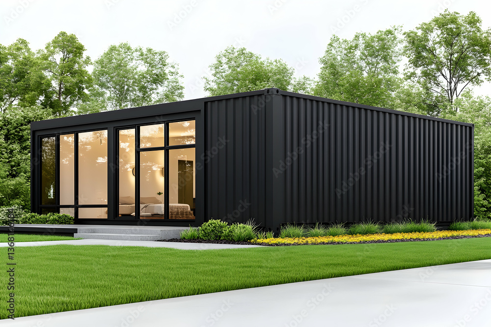 Obraz premium Modern black shipping container home nestled in a lush green landscape