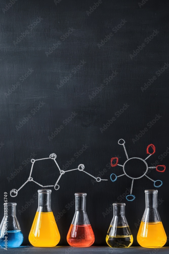 A blackboard with a drawing of a molecule in the center, surrounded by several chemistry beakers fil