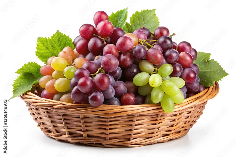 A wicker basket full of ripe red green and yellow grapes with fresh green leaves A wicker basket full of ripe red green and yellow grapes with fresh green leaves