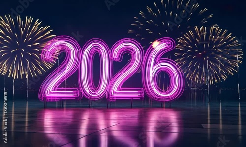 Glowing Neon Number 2026 Illuminated Against Starry Night Sky with Fireworks Bursting made with Generative AI technology