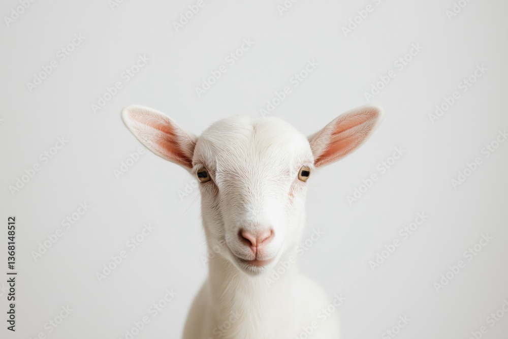 Obraz premium A white goat with brown ears is staring at the camera. The goat has a curious expression on its face