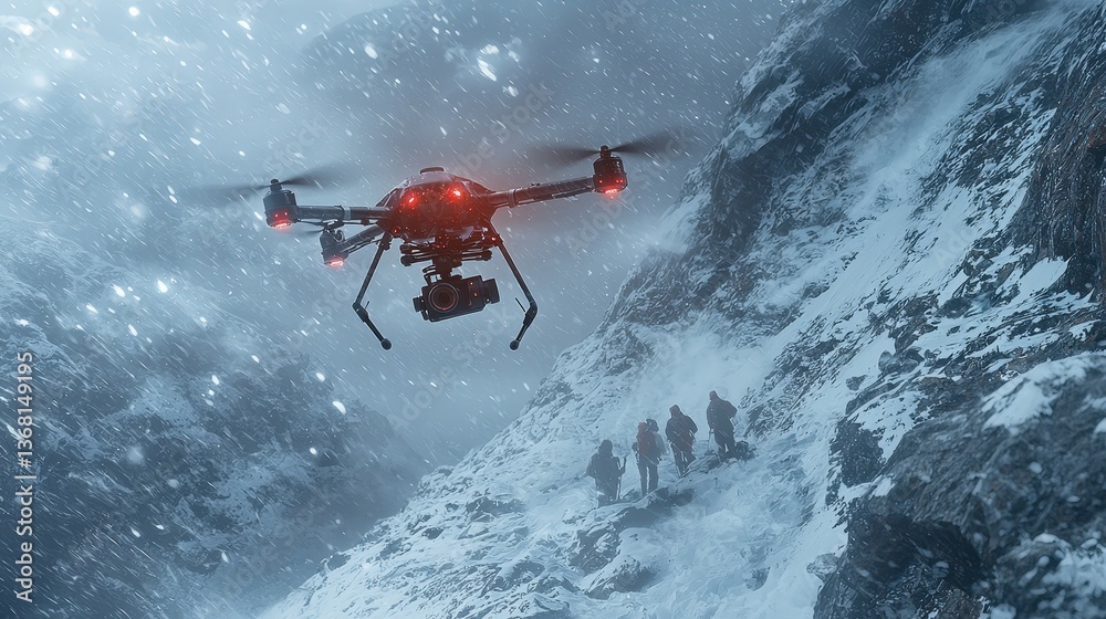Naklejka premium Drone View of Mountain Climbers Ascending a Steep Snow-Covered Peak, showcasing adventure, exploration, and the beauty of remote landscapes.