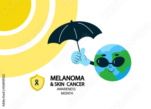 Melanoma and skin cancer awareness month banner.  Sun and earth planet character. Vector drawing continuous line art  illustration.
