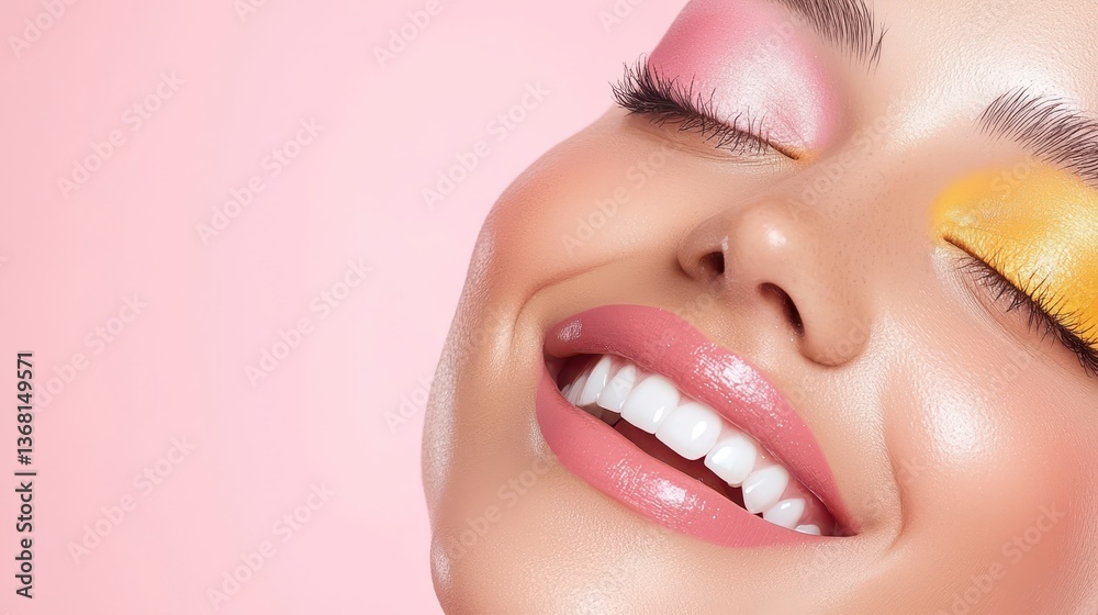Fototapeta premium A smiling woman with vibrant makeup featuring pink and yellow eyeshadow, radiating joy against a soft pink background.