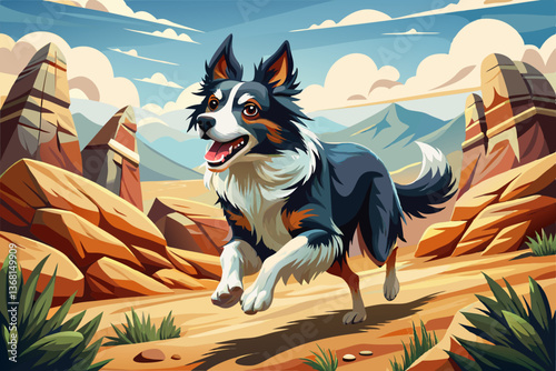 dog running in field with rocks and blue sky