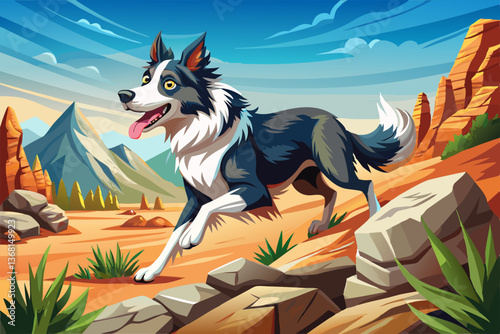 dog running in field with rocks and blue sky