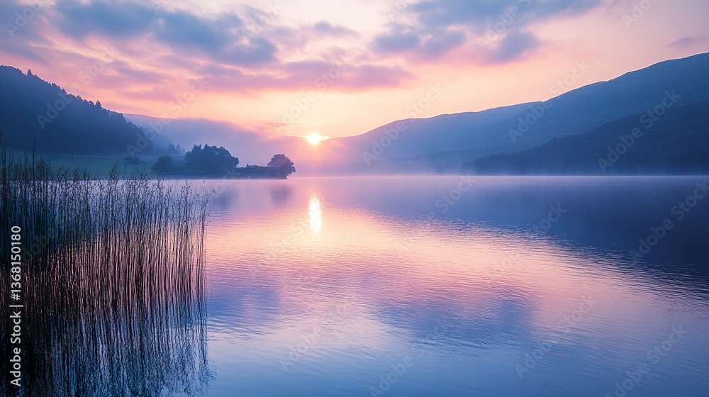Fototapeta premium Tranquil sunrise over a calm lake, evoking peace and serenity.