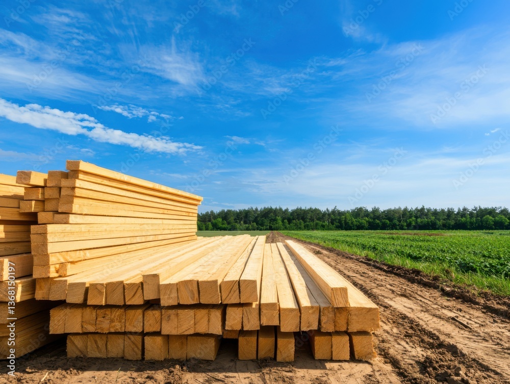 Stacked wooden planks on a dirt path under a clear blue sky, surrounded by lush greenery, showcasing a serene, rural landscape. Stacked wooden planks on a dirt path under a clear blue sky, surrounded by lush greenery, showcasing a serene, rural landscape.