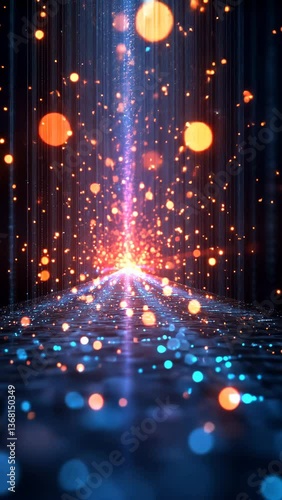 A vivid corridor adorned with colorful glowing particles, leading towards a bright light source, creating a mesmerizing and dynamic atmosphere.