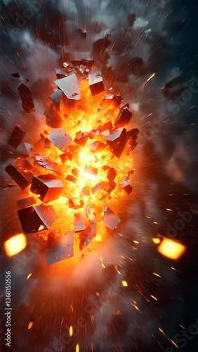 A dynamic explosion of fiery orange and yellow light, surrounded by shards and sparks, creating an intense visual spectacle.