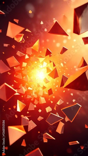 A vibrant explosion of angular, crystal-like shapes surrounded by glowing light, creating a dynamic and abstract visual effect.