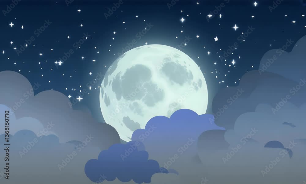 Illustration of Moon at Night over Cloudy Starry Sky Illustration of Moon at Night over Cloudy Starry Sky