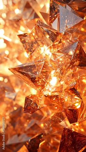 The image showcases sparkling, multifaceted orange crystals reflecting light, creating a luminous and vibrant texture.