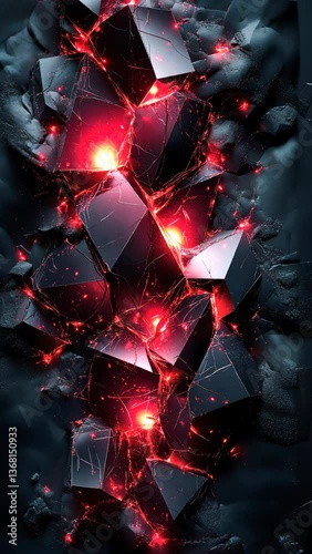 A dark, abstract composition featuring glowing red cracks on black geometric shapes, creating an intriguing visual contrast.