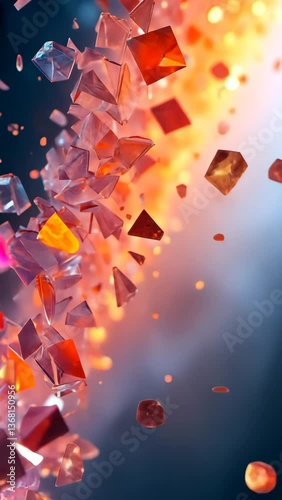 A vibrant composition of scattered, shimmering crystal-like shards, illuminated by fiery hues of orange and red against a soft backdrop.