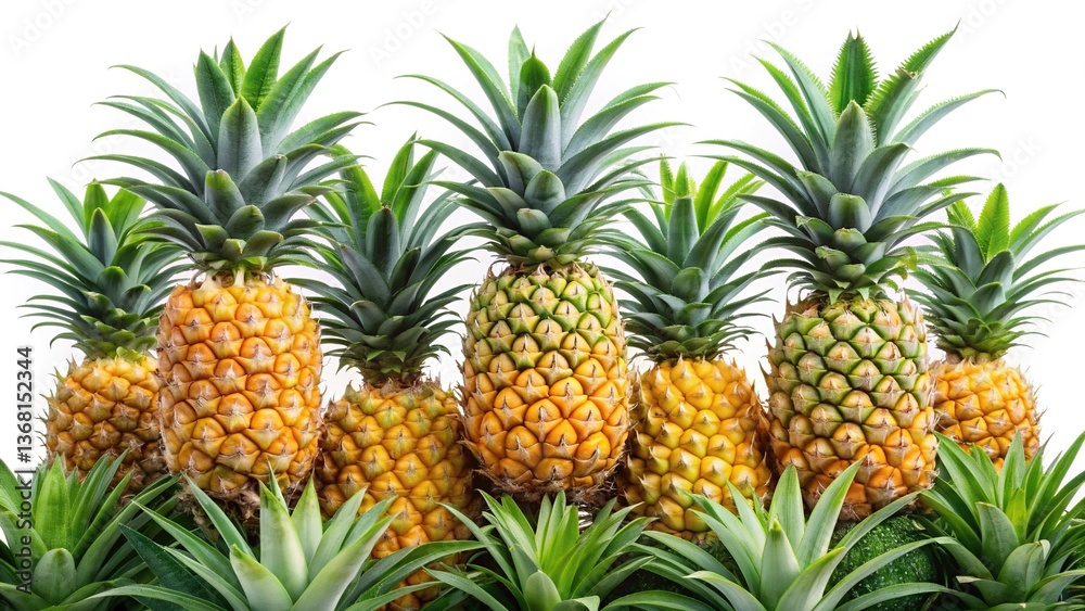 A Row of Ripe Pineapples with Lush Green Foliage Against a White Background A Row of Ripe Pineapples with Lush Green Foliage Against a White Background