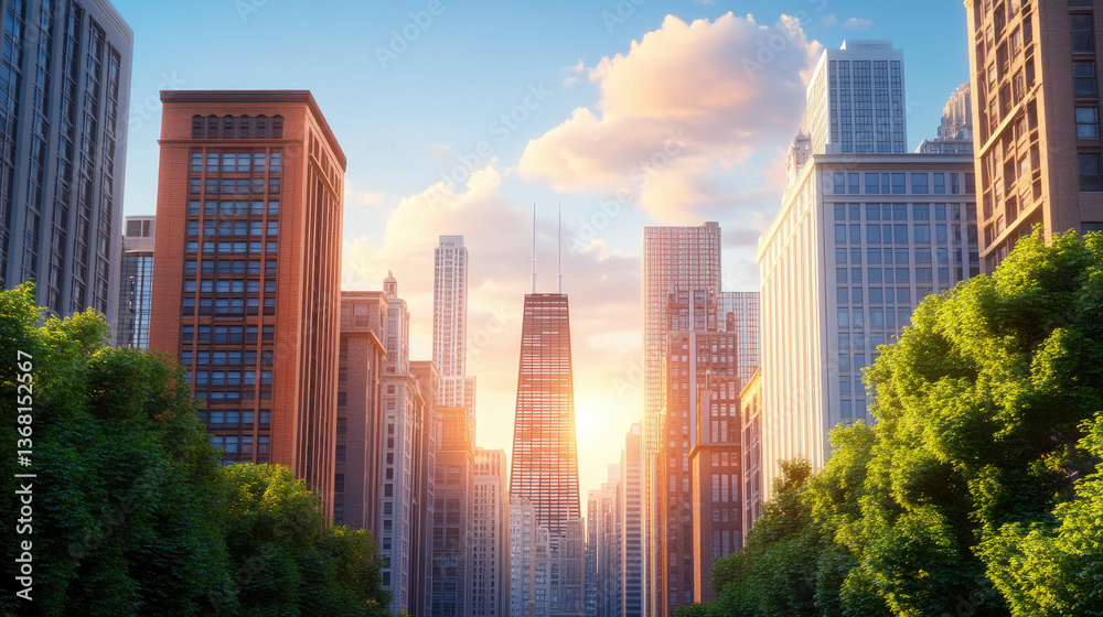 Obraz premium Scenic sunset over skyscrapers urban cityscape digital art vibrant environment wide-angled view modern aesthetic