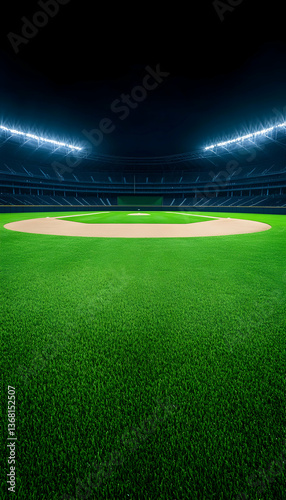 Night baseball field, stadium lights illuminate empty green diamond