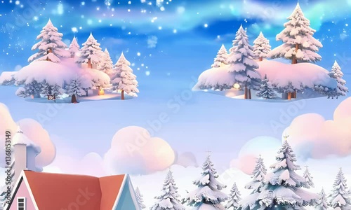 Animated Winter Landscape With Houses Snowy Trees And Sky Illustration