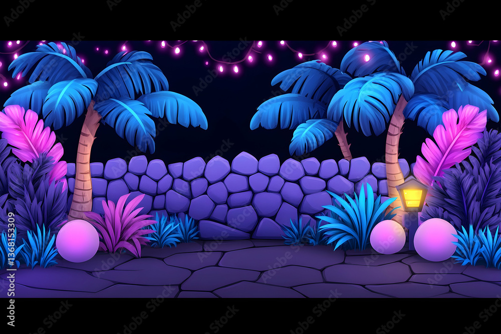 Naklejka premium Nighttime tropical scene with stone wall, palm trees, glowing orbs, and string lights