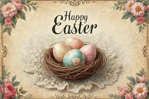 A parchment-textured, antique-style background with intricate Victorian floral engravings. A nest with delicately painted pastel eggs in vintage floral patterns. 