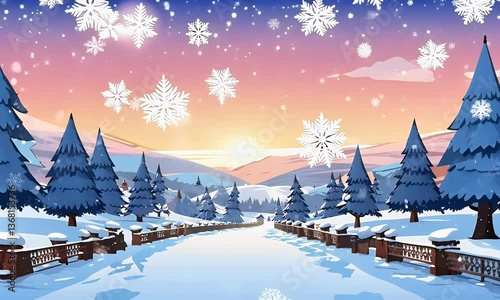 Animated Winter Scene Illustration With Falling Snow And Sunset Sky