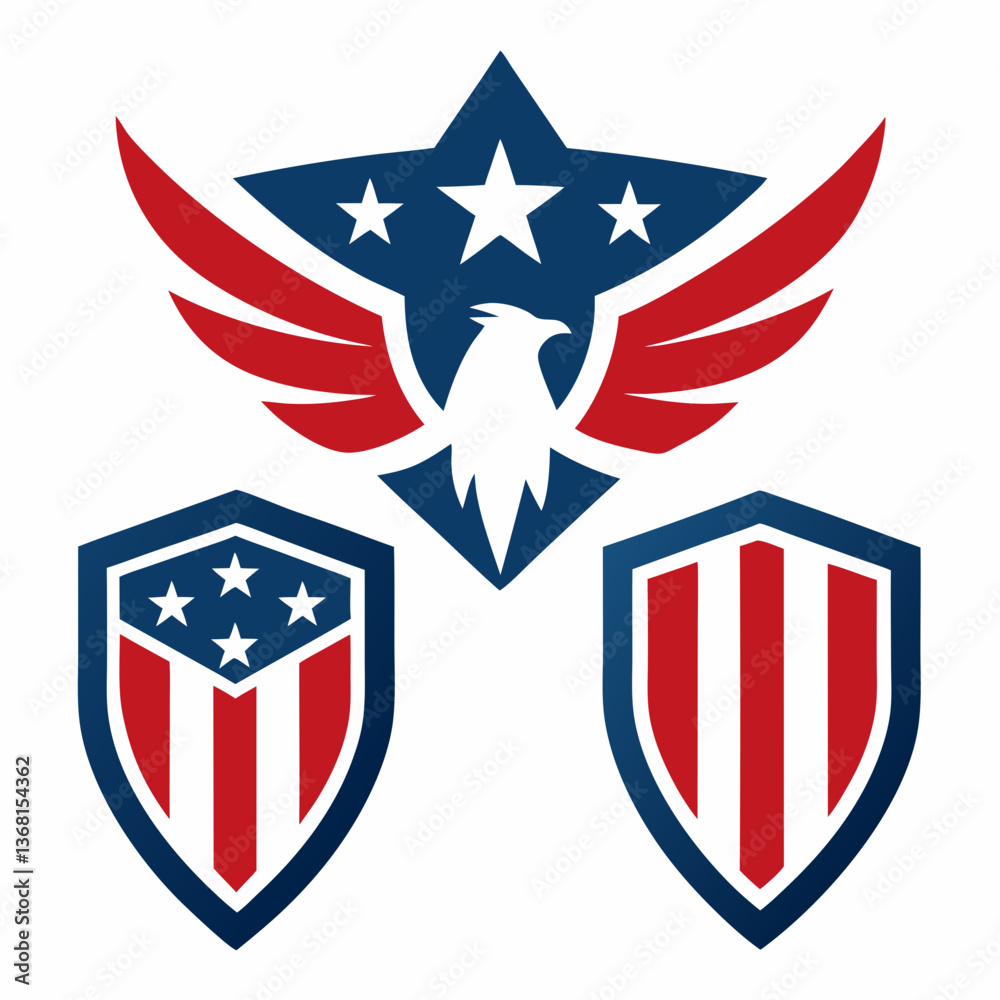 Classic American shield vector set with patriotic elements, perfect for digital downloads. Classic American shield vector set with patriotic elements, perfect for digital downloads.