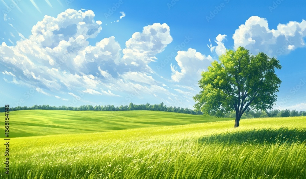 Obraz premium Lone Tree Standing in a Green Field with Blue Sky and Clouds