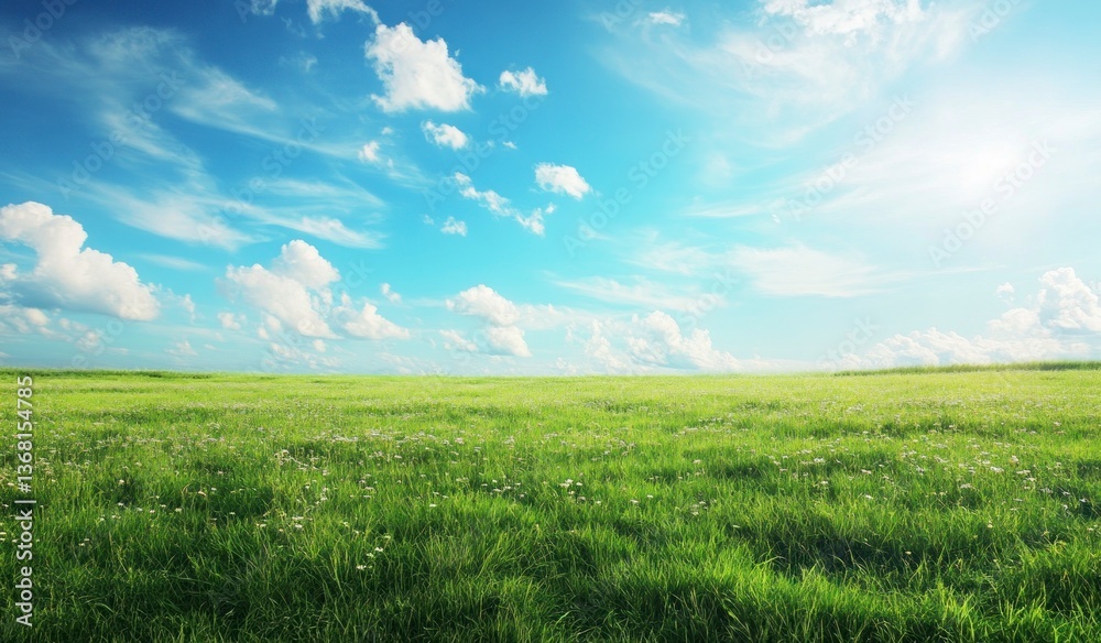 Fototapeta premium Green Grass Field Under Bright Blue Sky with Fluffy White Clouds