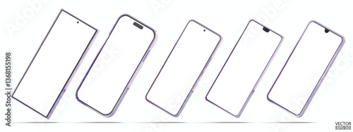 Set of 3D purple smartphone mockup  is tilted at a 30 degree angle with white screen. Purple mobile phone isolated on white background. 3d vector illustration
