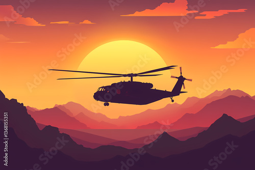 Helicopter in Sunset Mountains
A helicopter silhouette flying above colorful mountain layers with a glowing sunset in the background.
