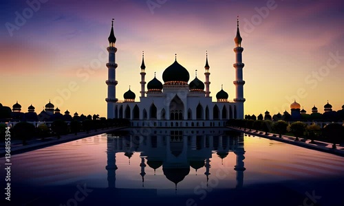 Architectural Mosque Building and Reflection in Water at Sunset