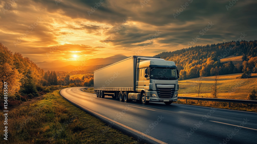 A professional press photo of a sleek silver European cargo truck cruising along a winding road through a dramatic weather landscape. A professional press photo of a sleek silver European cargo truck cruising along a winding road through a dramatic weather landscape.