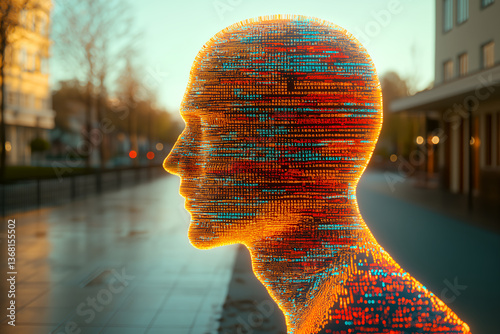 Glowing Digital Head.
A glowing silhouette of a human head made from binary code in a modern city street at sunrise.