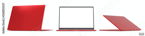 3D image of red laptop, front and back view from different angles isolated on white background. Realistic Laptop red color mockup with blank screen display. 3D vector illustration.